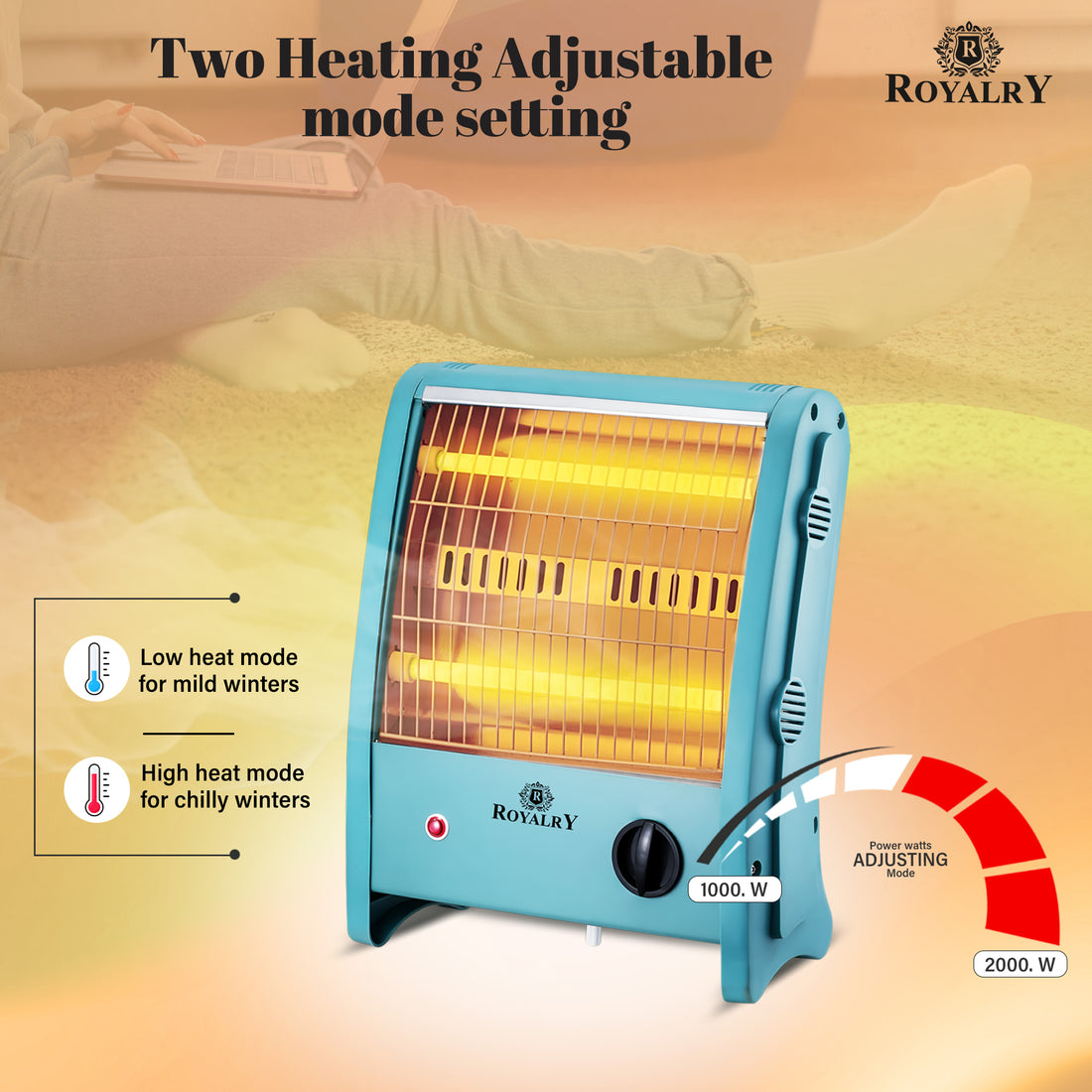 Royalry Matte Green Double Rod Room Heater – 2000W High Heat Output | Adjustable Thermostat & Dual Heating Modes | Compact, Energy-Efficient Winter Heating Solution for Home & Office