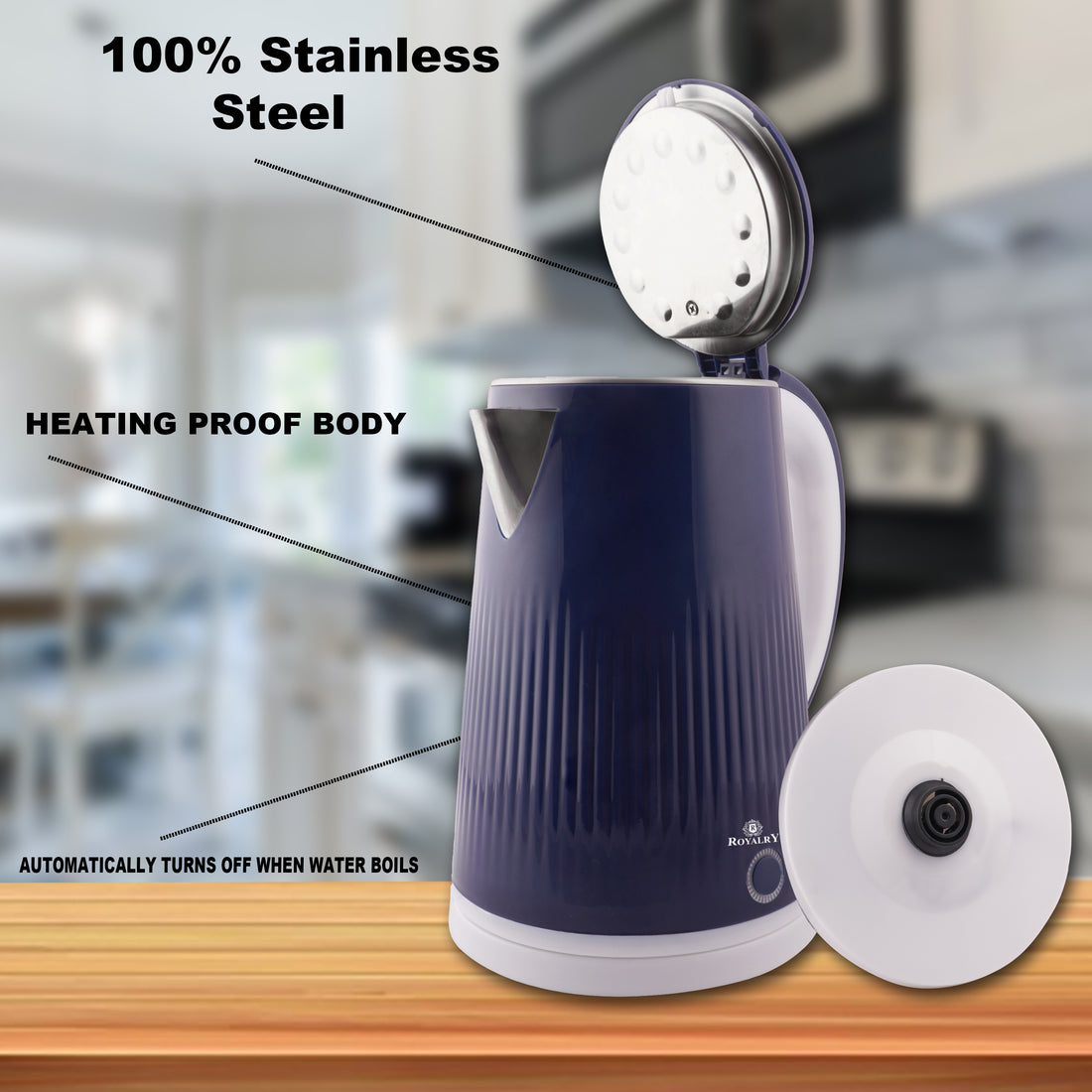 Royalry 1.8L Blue Electric Kettle – Fast Heating, Automatic Shut-Off, Reusable & Energy Efficient